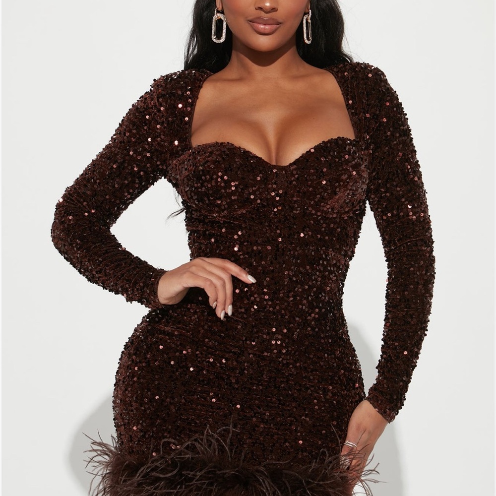 Fashion Nova Chocolate Sequin Long Sleeve Dress